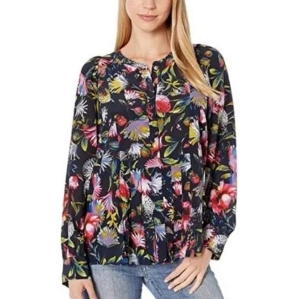 J. Crew -688 Womens 100% Silk Floral Pleated Waist Blouse Navy Multi K1822 Small